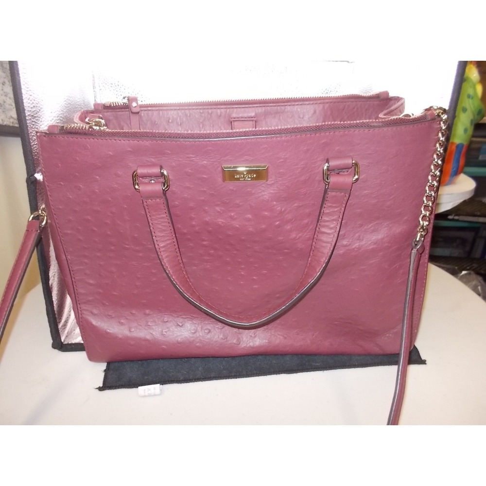 Kate Spade Ostrich Embossed Leather Satchel Burgundy Triple Zip Handbag
